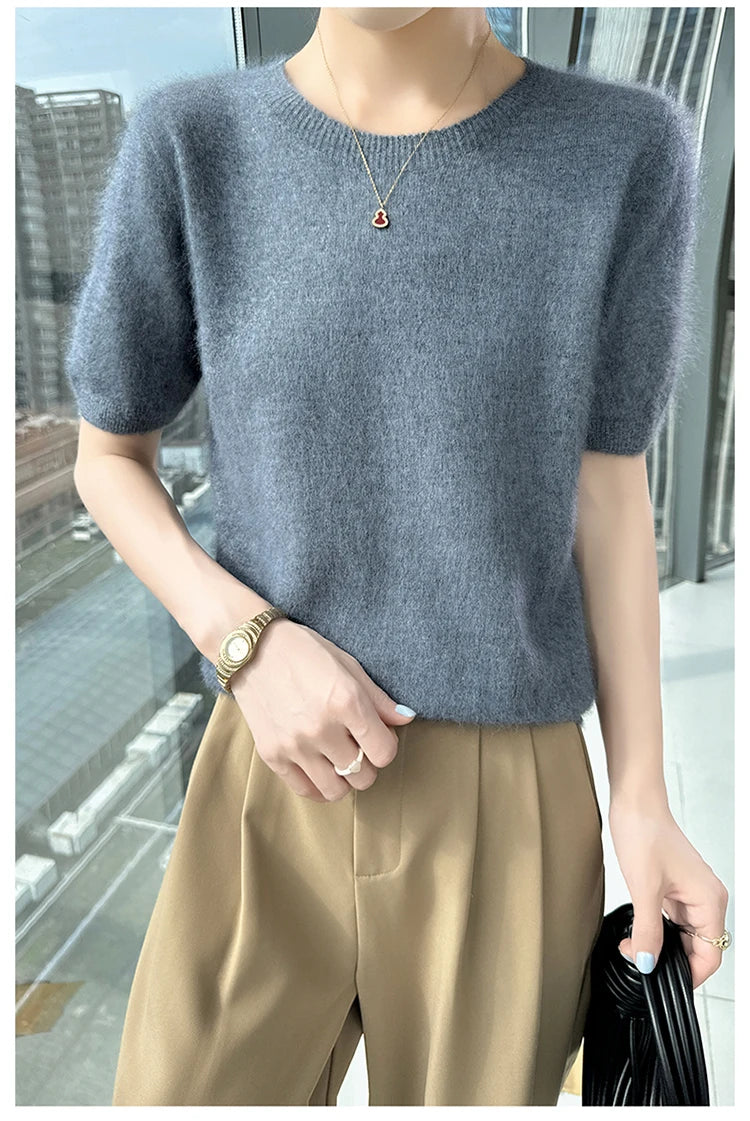 FRSEUCAG Women's 100% Mink Cashmere Short Sleeve Sweater – Elegant O-Neck Knit Pullover