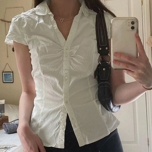 FYBITBO Women's Slim Fit Button-Down Shirt – Cap Sleeve Office Blouse