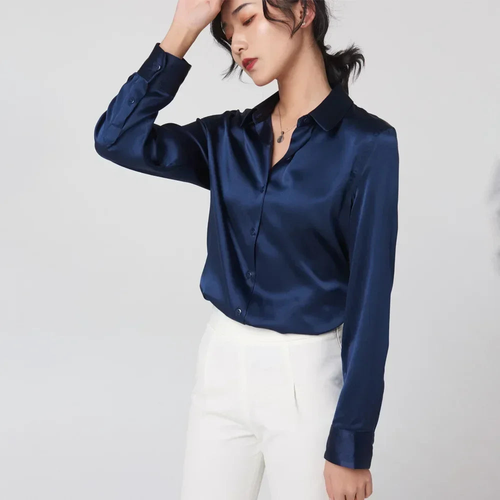 SFELIKY Women's 19mm Mulberry Silk Blouse – Long Sleeve V-Neck Satin Shirt