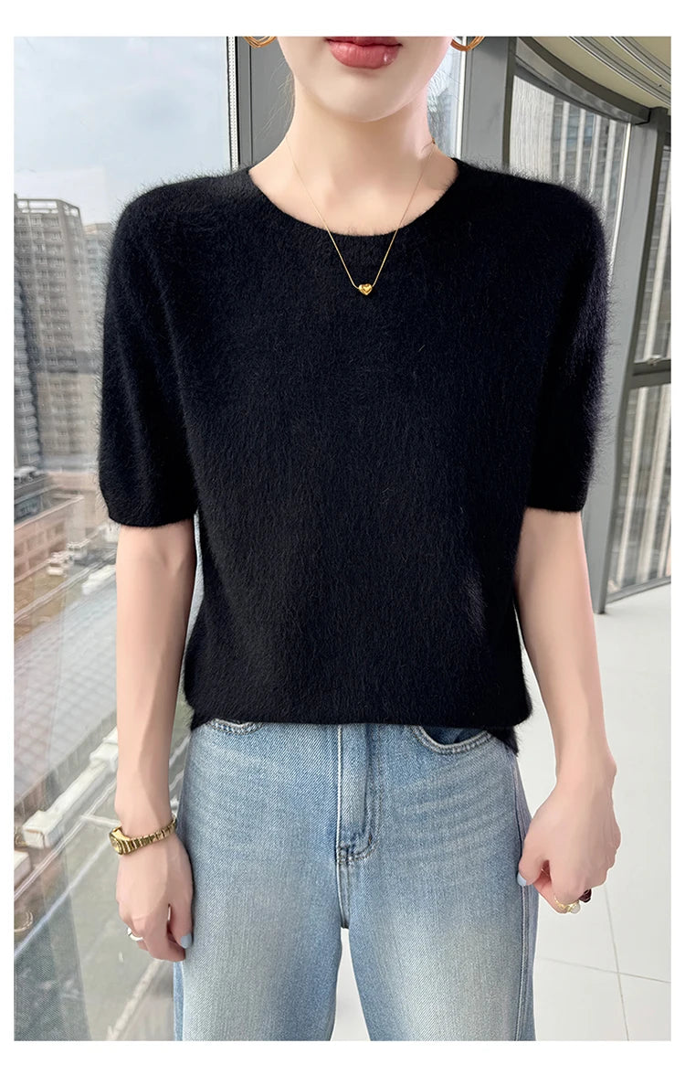 FRSEUCAG Women's 100% Mink Cashmere Short Sleeve Sweater – Elegant O-Neck Knit Pullover