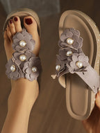 Pearl Embellished Platform Wedge Sandals – Mid Heel PU Leather