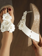 Pearl Embellished Platform Wedge Sandals – Mid Heel PU Leather