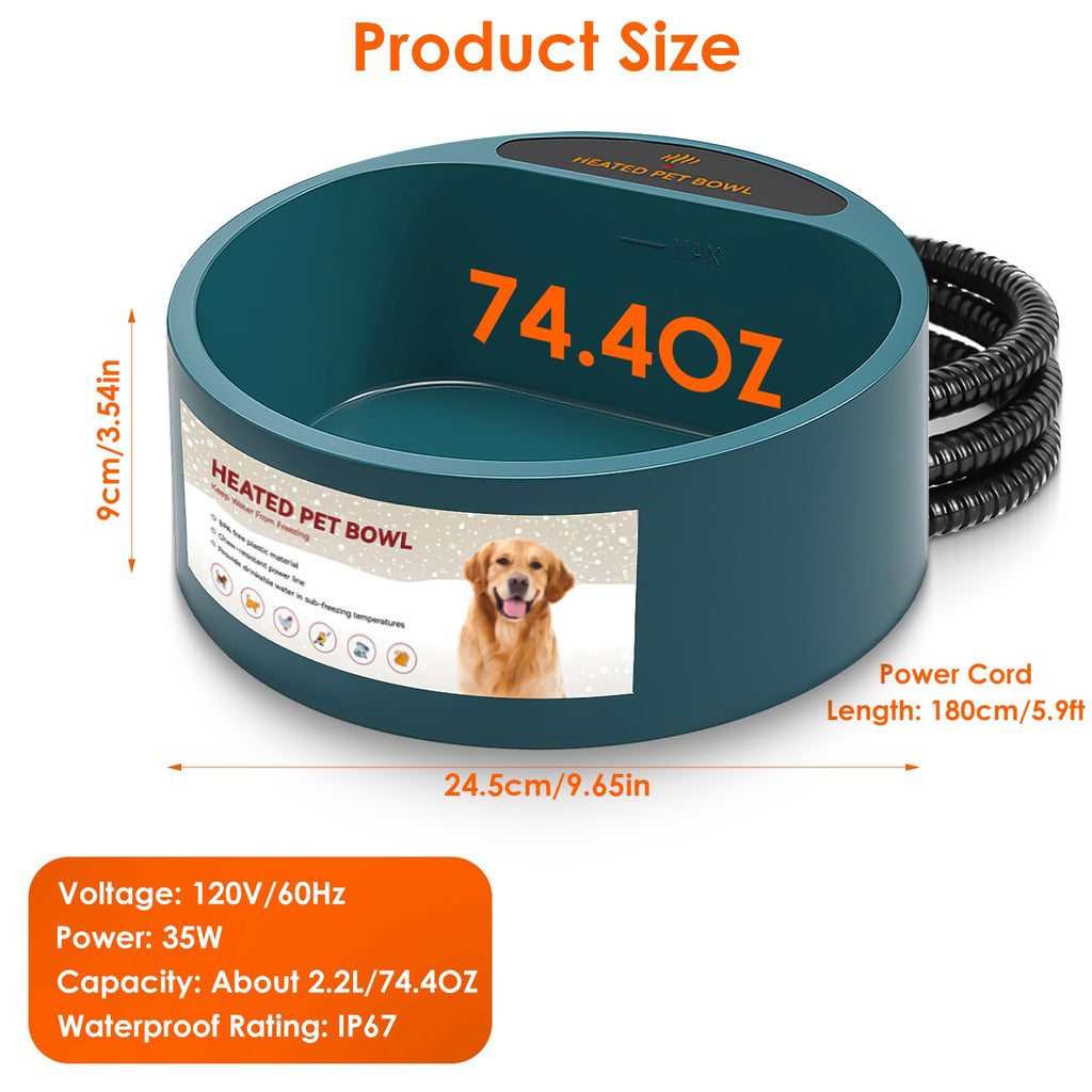 Heated Pet Water Bowl - 74oz Thermostat Controlled, Anti-Freeze for Dogs & Cats