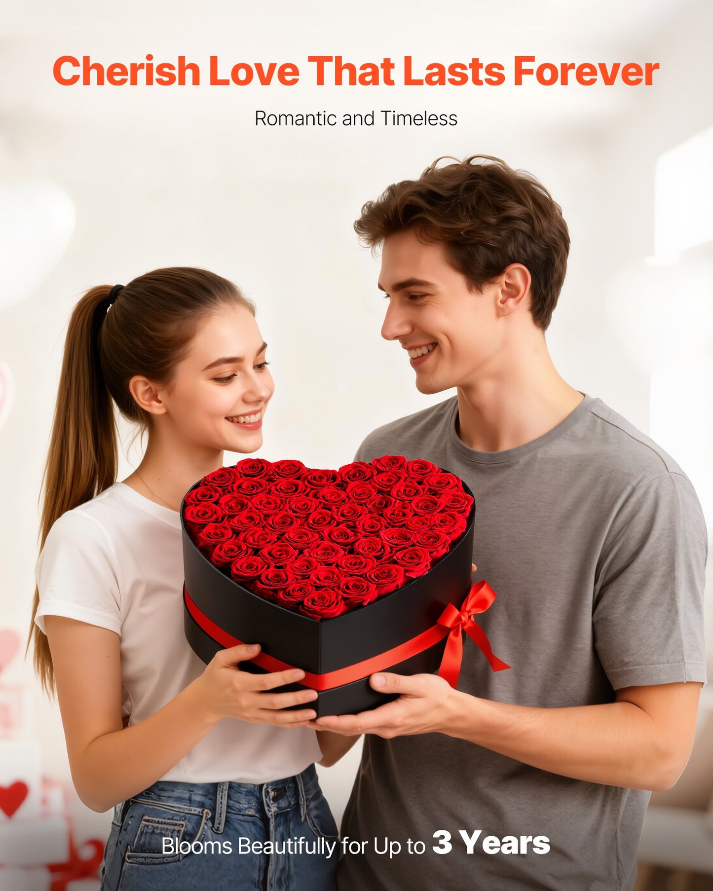 50 Preserved Roses in Heart-Shaped Box – Forever Flowers, Lasts Up to 3 Years