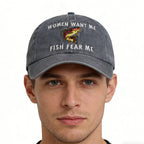 Fish Fear Me Embroidered Baseball Cap - Adjustable Cotton Fishing Hat