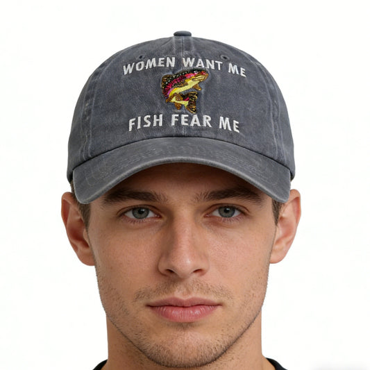 Fish Fear Me Embroidered Baseball Cap - Adjustable Cotton Fishing Hat