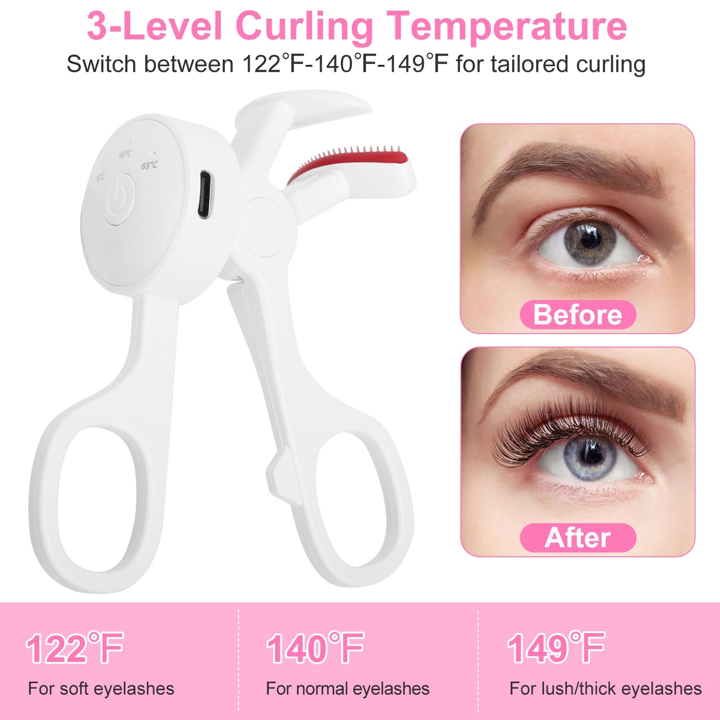 Heated Eyelash Curler - USB Rechargeable Electric Lash Curler with 3 Heat Settings