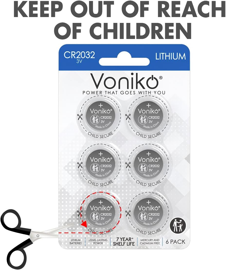 CR2032 3V Lithium Batteries 6 Pack for Child Safety, Compatible with Airtag, Key Fobs, Thermometers, Scales – 7 Years Shelf Life
