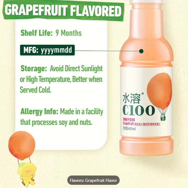 C100 Grapefruit Flavored Juice Drink – 100mg Vitamin C, 15% Real Fruit, 15-Pack (15 fl oz Each)