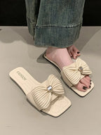 Women's Bow-Knot Flat Sandals – Feminine PU Leather Slip-On