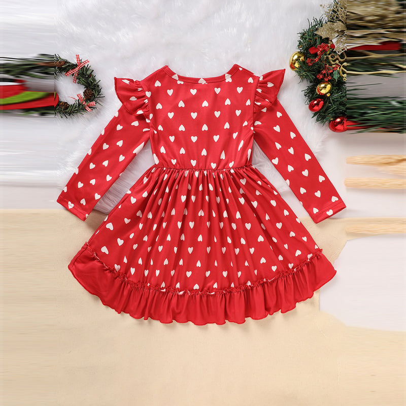 Toddler Girl's LOVE Embroidered Valentine Dress | Heart Print Long Sleeve A-Line with Ruffle Hem