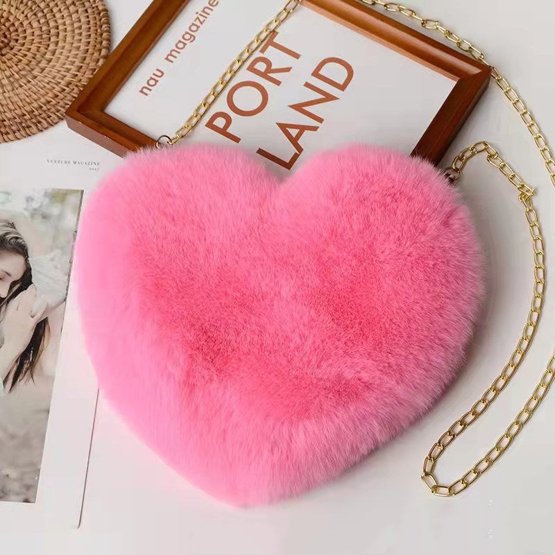 Heart-Shaped Plush Crossbody Bag – Valentine's Day Chain Shoulder Purse for Women