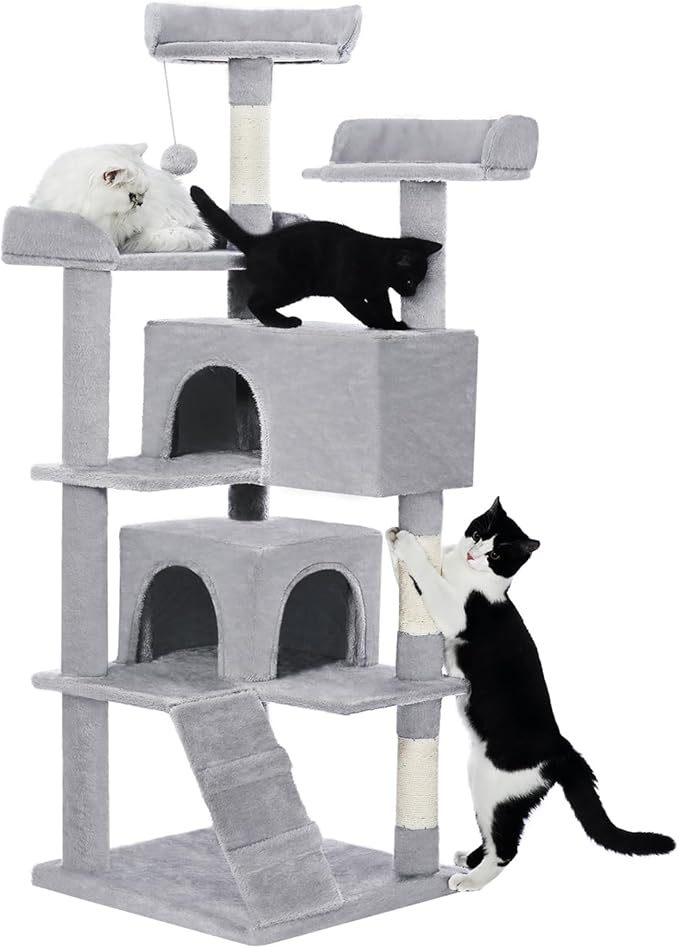 56" Multi-Level Cat Tree Tower with Scratching Posts, Cozy Condos & Hanging Toys – Light Gray
