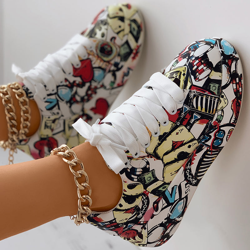 Women's Geometric Print Low-Top Sneakers | Lace-Up Casual Shoes with Thick Rubber Sole