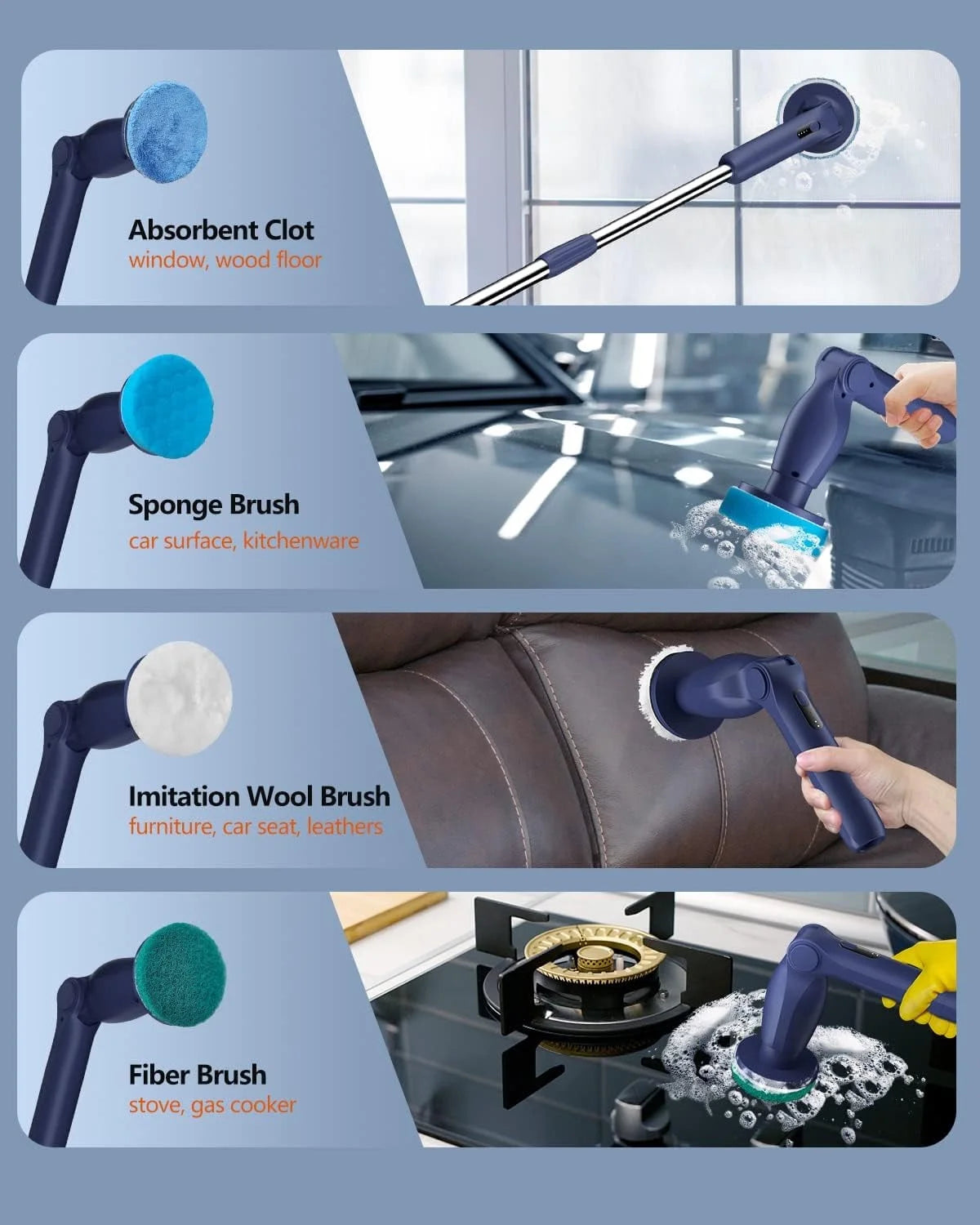 Leebein Electric Spin Scrubber, Cordless Bath Tub Power Scrubber with Long Handle and 8 Replaceable Brush Heads, Shower Cleaning Brush Household Tools for Bathroom, Floor Tile ,Car