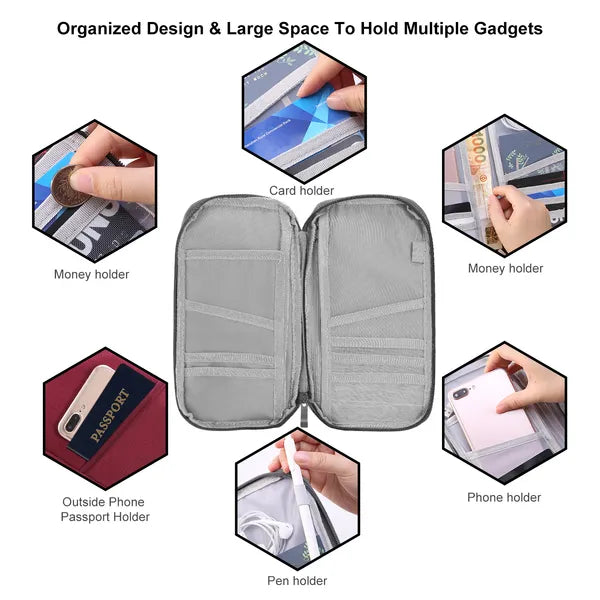 Travel Passport Holder Wallet - RFID Blocking Organizer with 12 Card Slots for Documents, Tickets & Phone