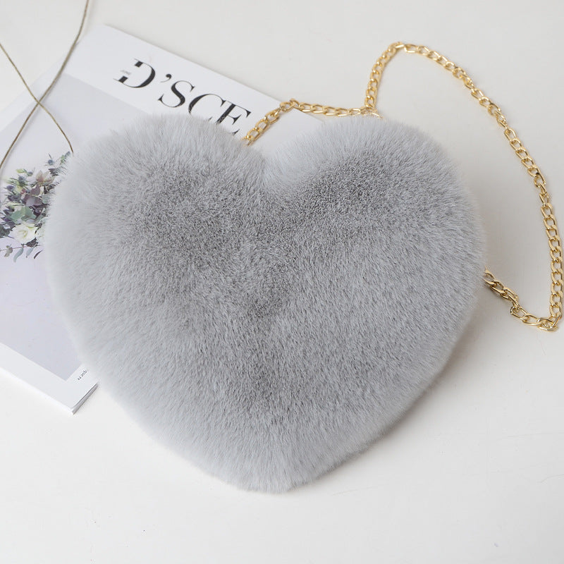 Heart-Shaped Plush Crossbody Bag – Valentine's Day Chain Shoulder Purse for Women