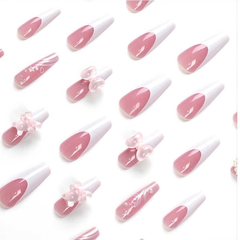 Press-On Nails 24pc | Bear Bow Kawaii Square Tip False Nails