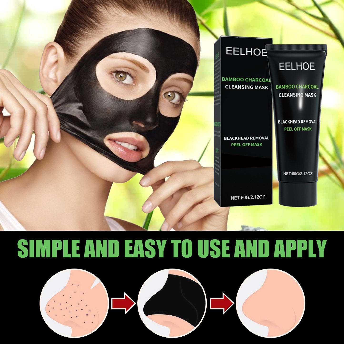Bamboo Charcoal Peel Off Face Mask - Deep Pore Cleansing Blackhead Remover for Clear Skin