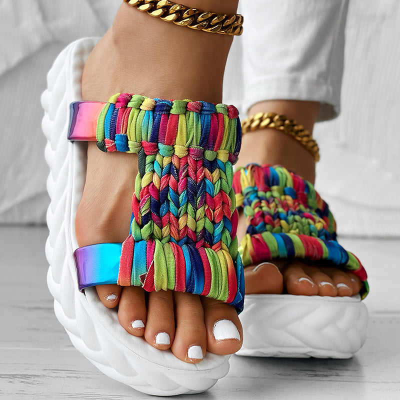 Women's Rainbow Stripe Platform Sandals - Breathable Summer Slides