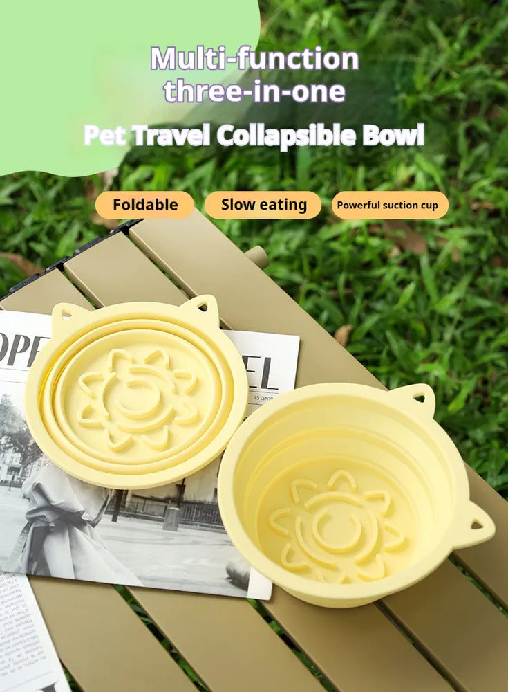 Collapsible Pet Travel Bowl – 3-in-1 Slow Feeder with Suction Cups & Carabiner Hook
