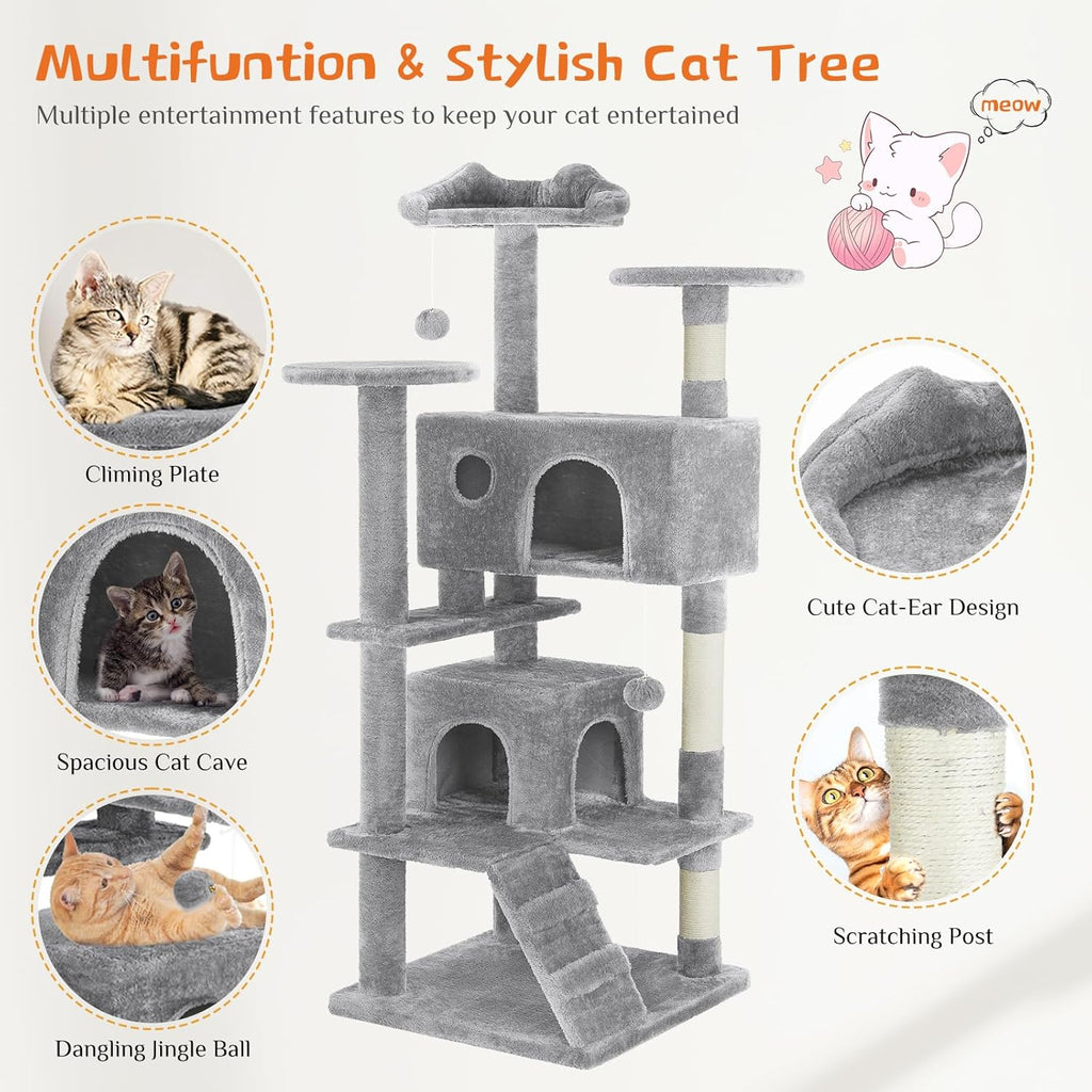 54" Multi-Level Cat Tree Tower | Sisal Scratching Posts, 2 Condos, Hanging Toy – Light Grey & Pink
