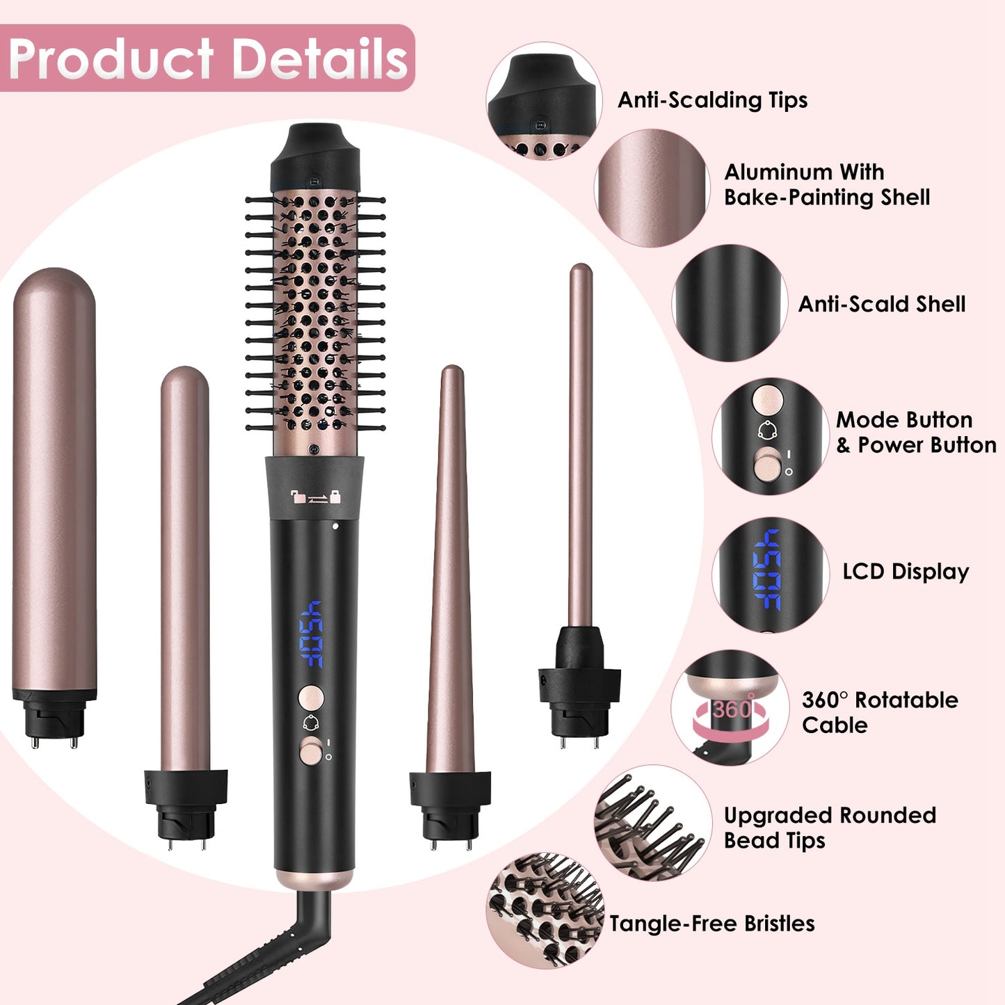 5-in-1 Professional Curling Wand Set – 4 Interchangeable Ceramic Barrels, LCD Display & Auto Shut-Off