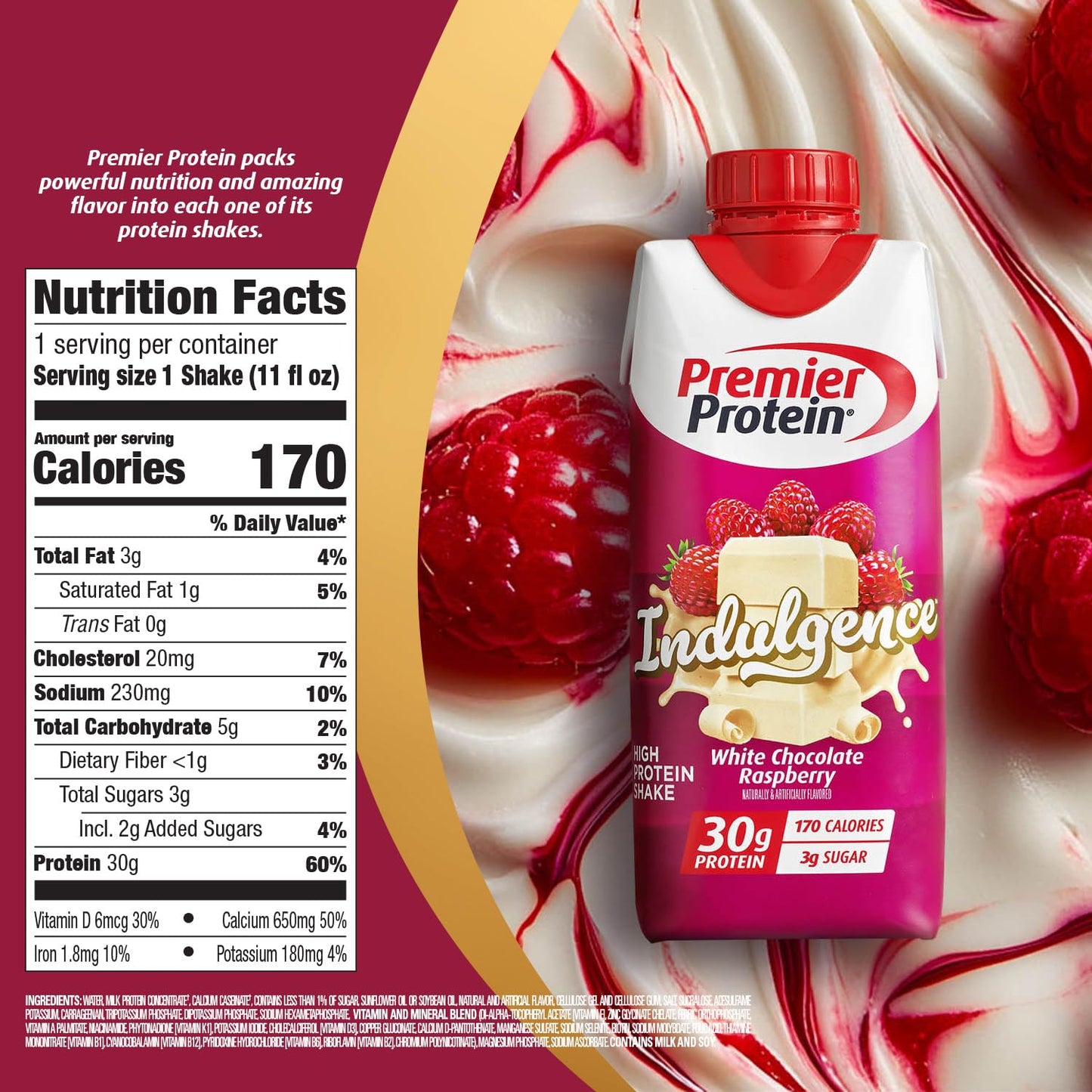 Premier Protein Indulgence Shake, White Chocolate Raspberry, 30g Protein, 11 fl. oz. (Pack of 12)