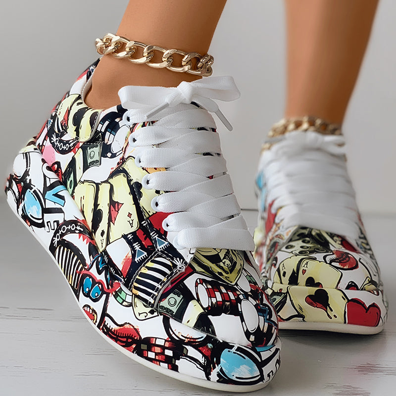 Women's Geometric Print Low-Top Sneakers | Lace-Up Casual Shoes with Thick Rubber Sole