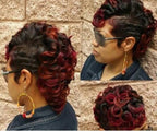 Short Black Wig with Wine Red Highlights | Heat-Resistant Synthetic
