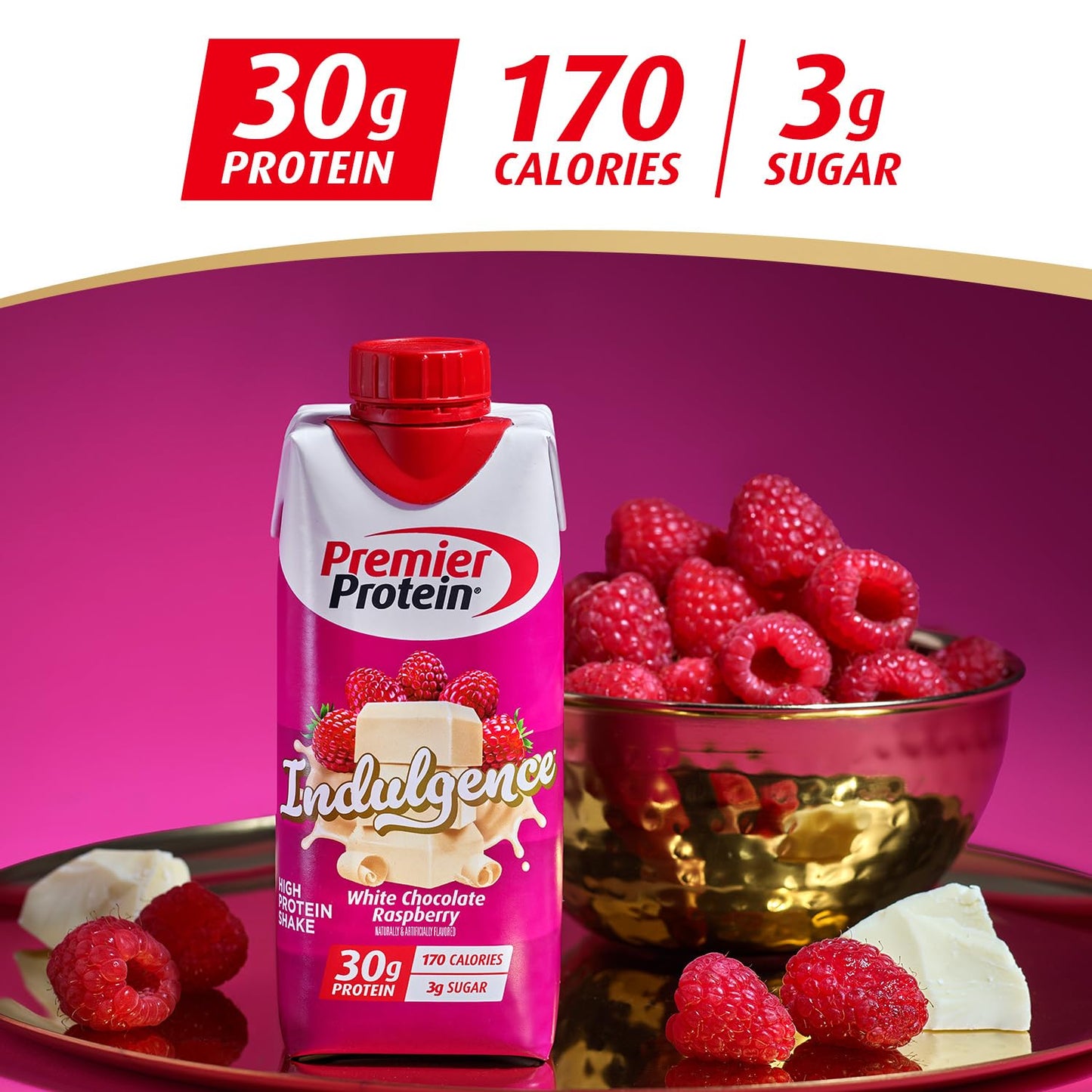 Premier Protein Indulgence Shake, White Chocolate Raspberry, 30g Protein, 11 fl. oz. (Pack of 12)