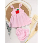 Girls Back to School Outfit Set - Ruffle Sleeve Apple Top & Shorts 2-Piece