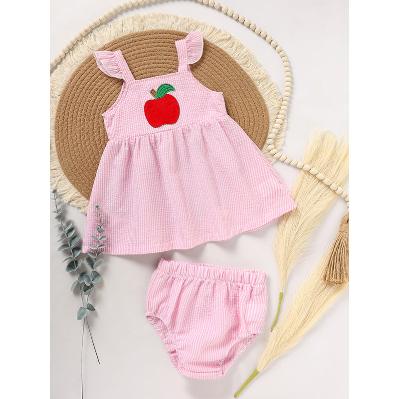 Girls Back to School Outfit Set - Ruffle Sleeve Apple Top & Shorts 2-Piece