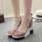 Women's Contrast Platform Wedge Sandals – Mid Heel Mesh & Suede