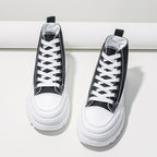 Women's High-Top Flatform Canvas Sneakers | Lace-Up T-Strap Shoes in Black