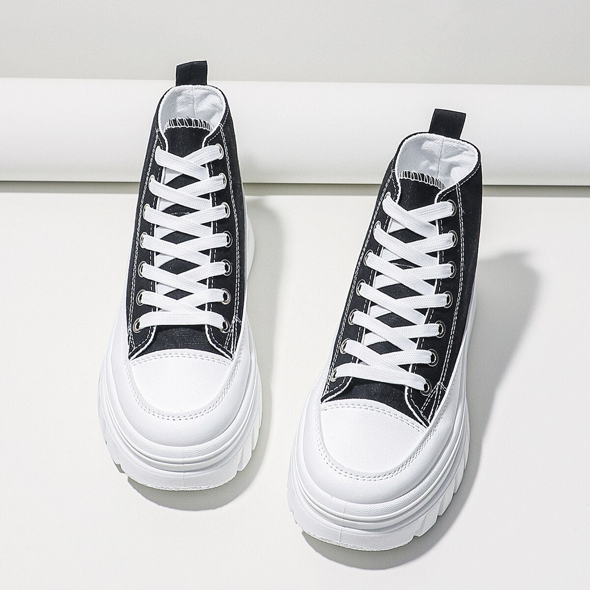 Women's High-Top Flatform Canvas Sneakers | Lace-Up T-Strap Shoes in Black