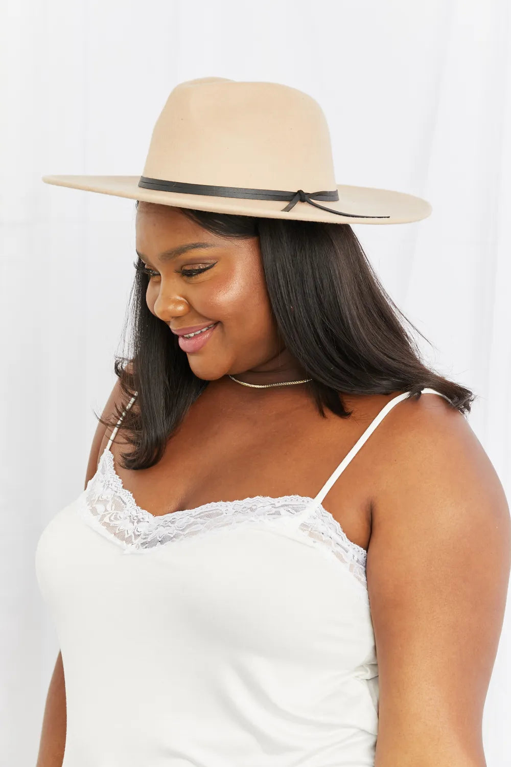 Women's Wool Fedora Hat – Faux Leather Knot Detail, Adjustable & Beige | Fame Accessories