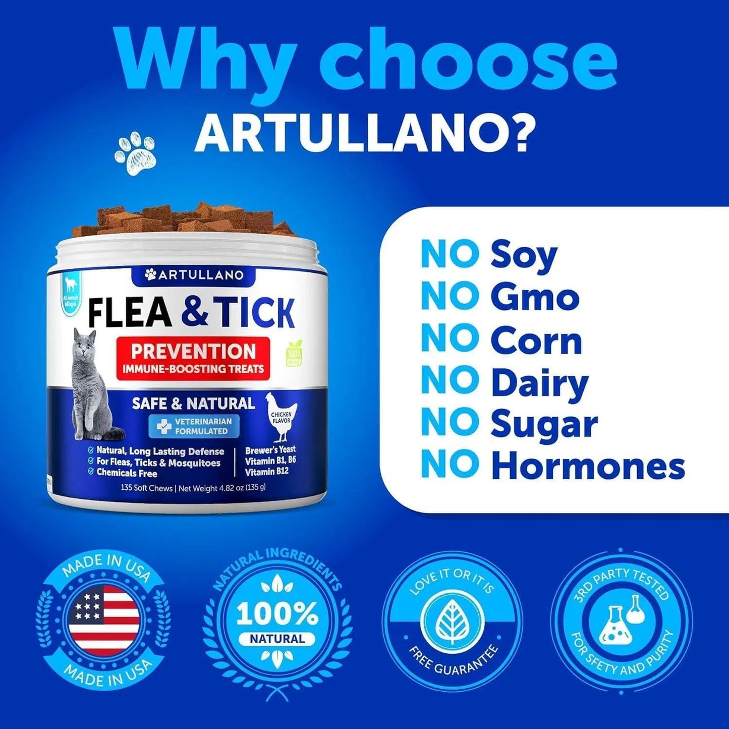 Natural Flea & Tick Prevention for Cats – 135 Soft Chews with Vitamins B1, B6 & B12