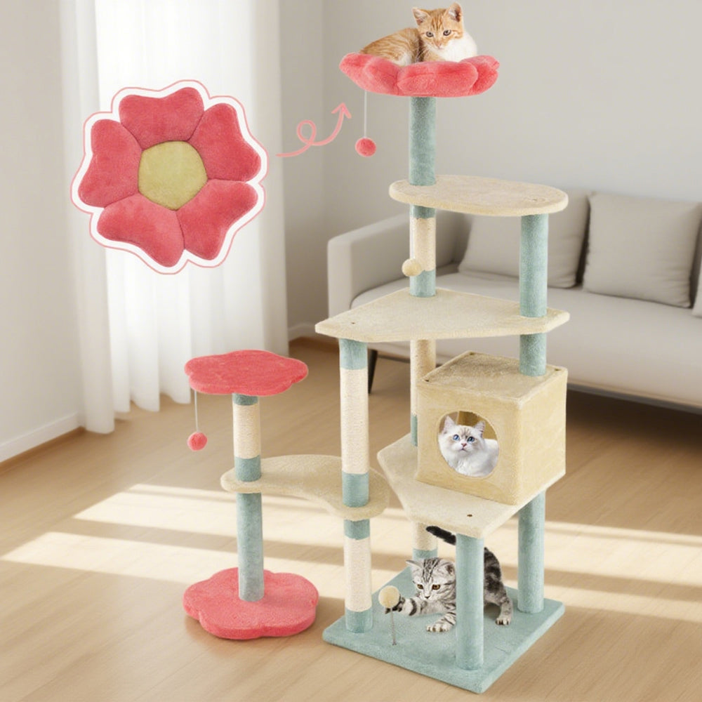 61" Luxury Cat Tree Tower | Multi-Level Flower Design, Plush Perches & Sisal Scratching Posts
