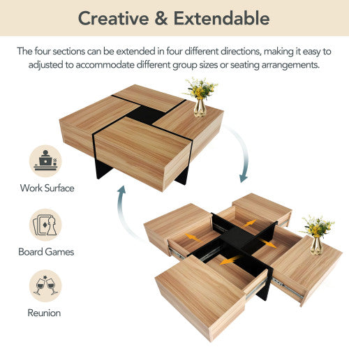 Square Coffee Table with Hidden Storage - 31.5" Extendable Sliding Top, High-Gloss Brown Finish