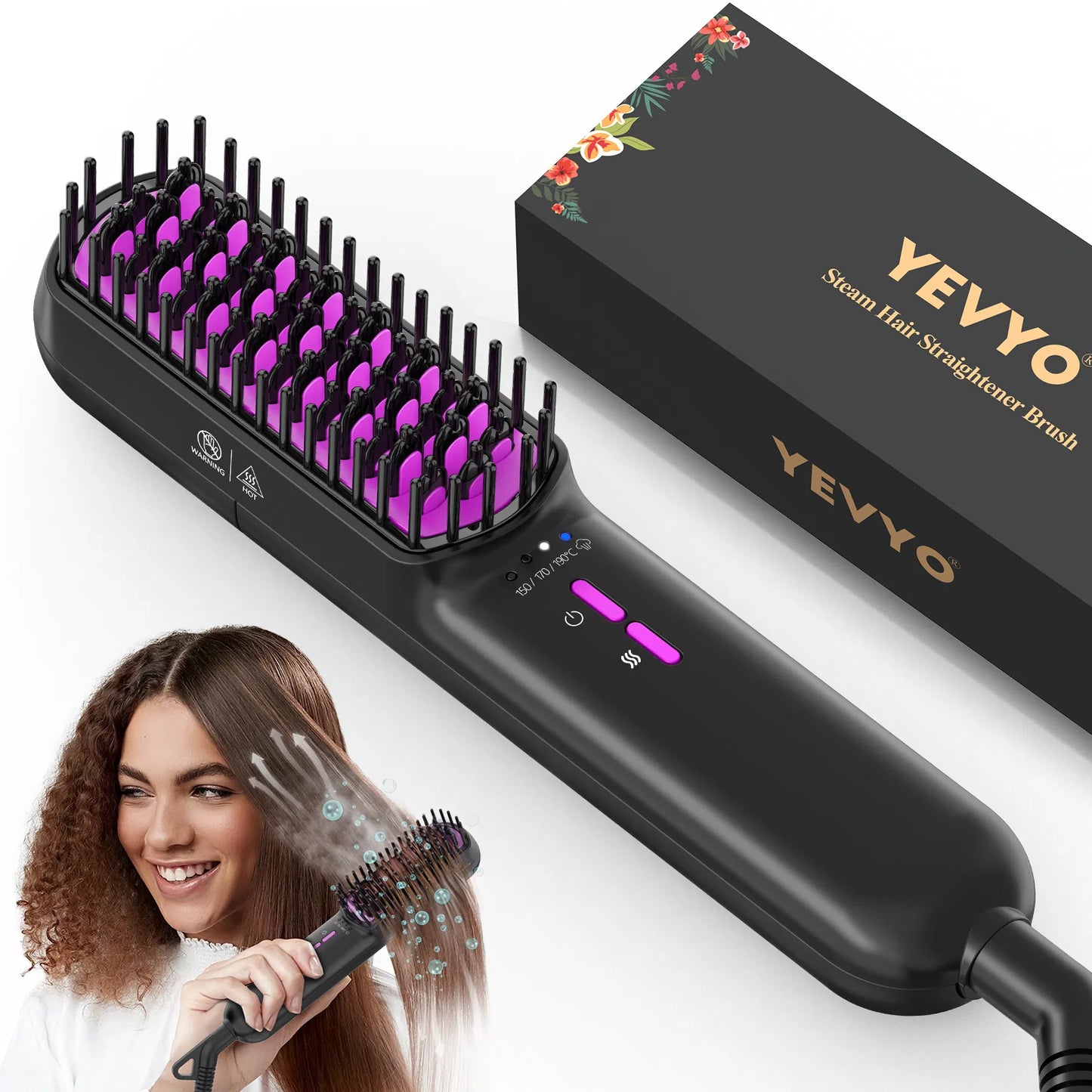Steam Hair Straightener Brush – Ionic Ceramic Anti-Frizz Straightening Comb with Auto Shut-Off & Dual Voltage