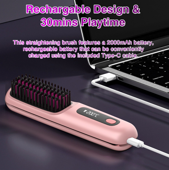 Cordless Hair Straightener Brush – Portable Ionic Straightening Comb with LED Display & USB Recharge