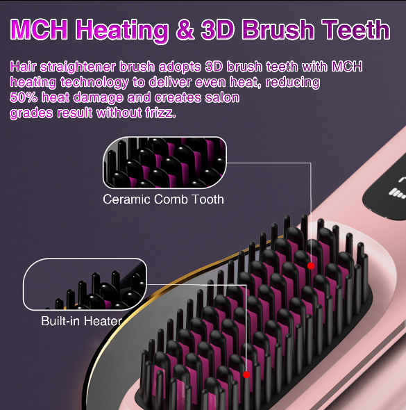 Cordless Hair Straightener Brush – Portable Ionic Straightening Comb with LED Display & USB Recharge