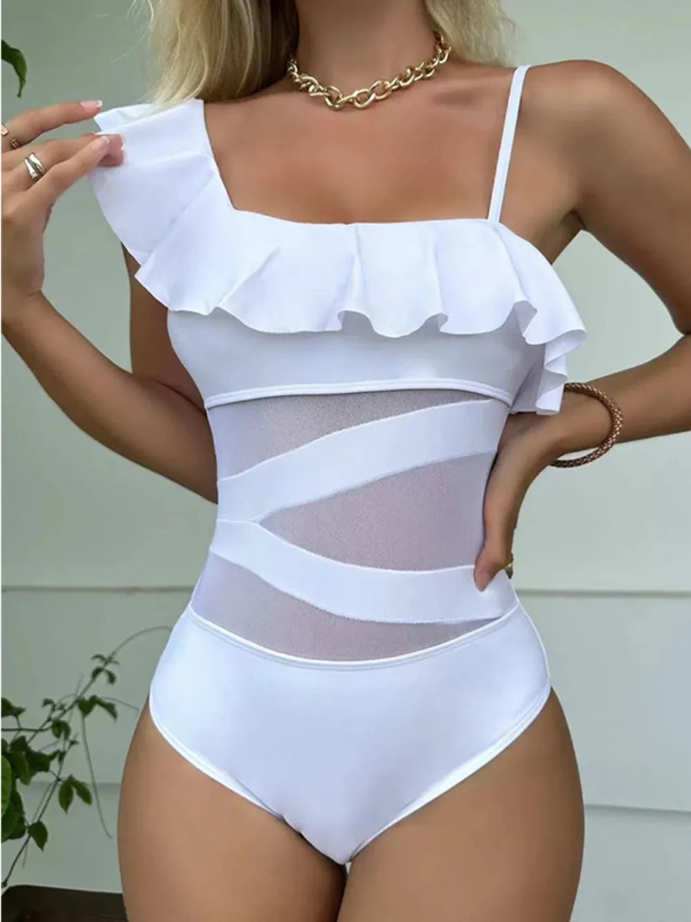 Asymmetrical Ruffled One-Piece Swimsuit | Removable Padding