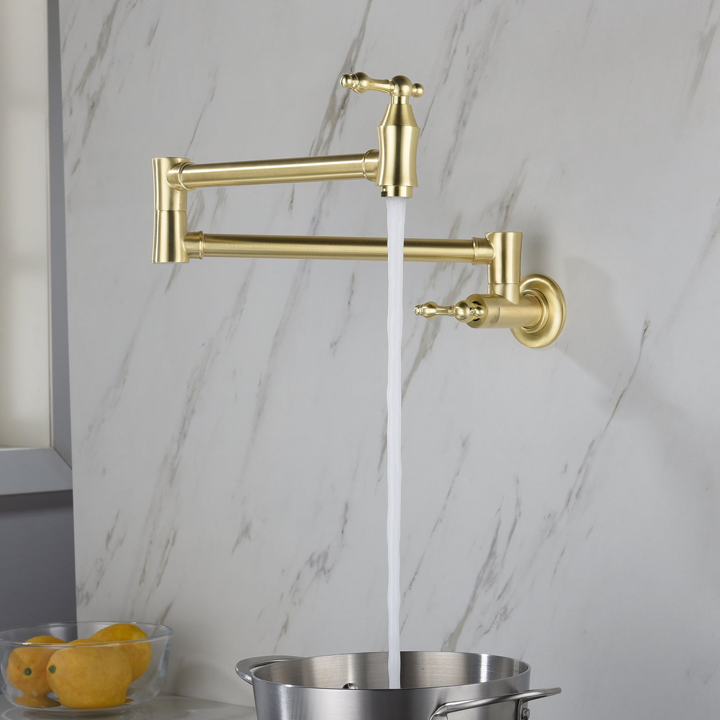 Brushed Gold Pot Filler Faucet – Wall Mount | 21" Reach | Dual Handles | Solid Brass