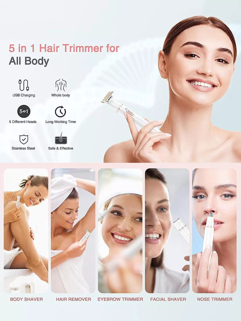 5-in-1 Rechargeable Hair Removal Device – Waterproof | Multi-Functional Electric Trimmer