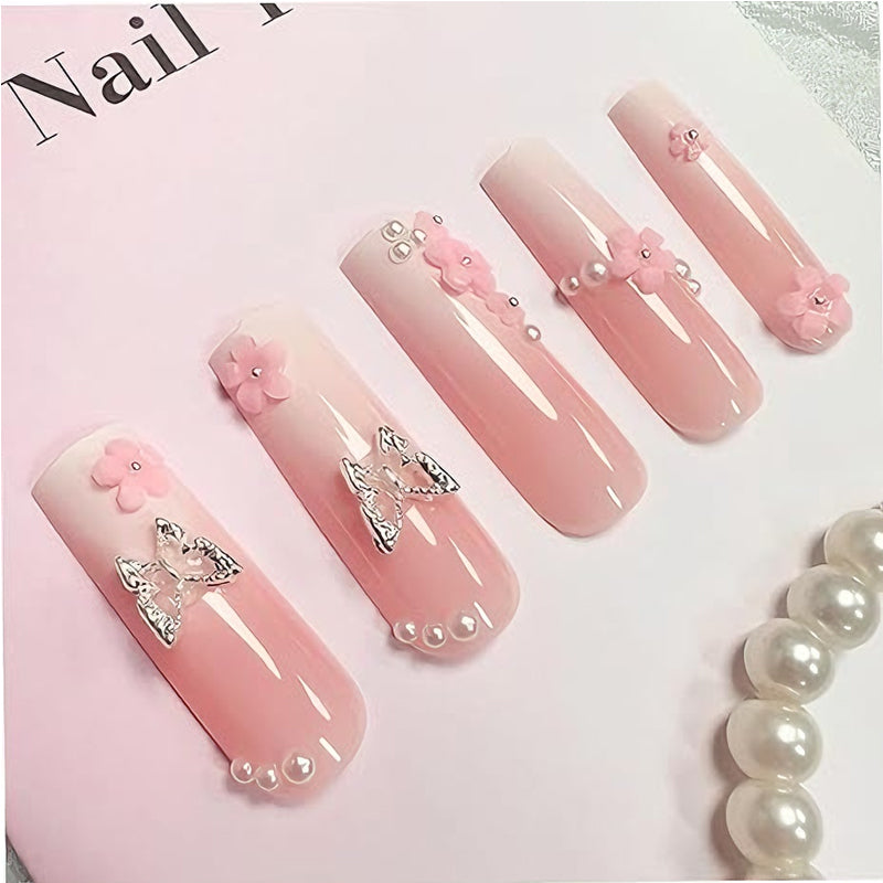 Press-On Nails | 24-Piece Butterfly Floral Diamond Set | Long Square