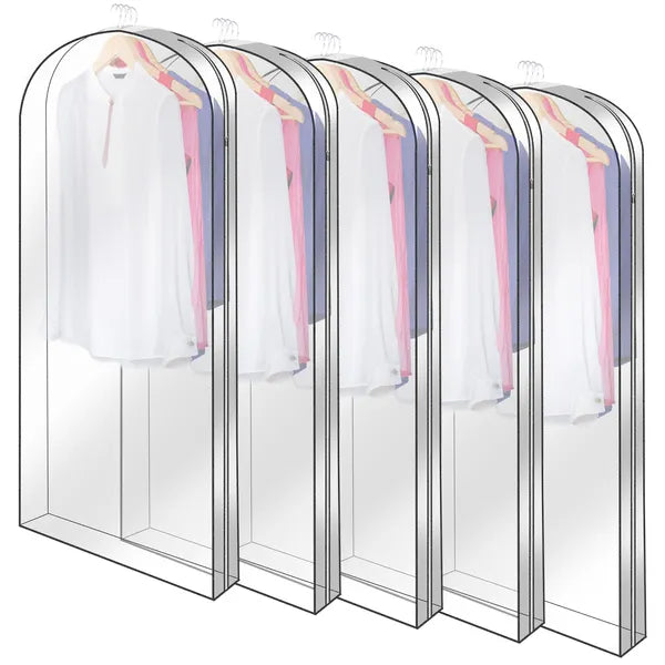 5-Pack Clear Garment Bags - Waterproof Dust-Proof Hanging Clothes Storage for Suits, Dresses & Coats