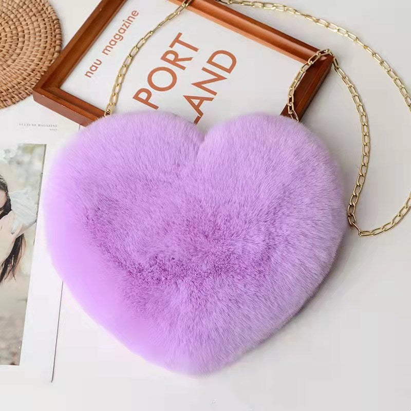 Heart-Shaped Plush Crossbody Bag – Valentine's Day Chain Shoulder Purse for Women