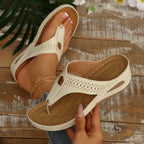 Women's Toe Post Wedge Sandals – Low Heel PU Leather Flip Flop Style